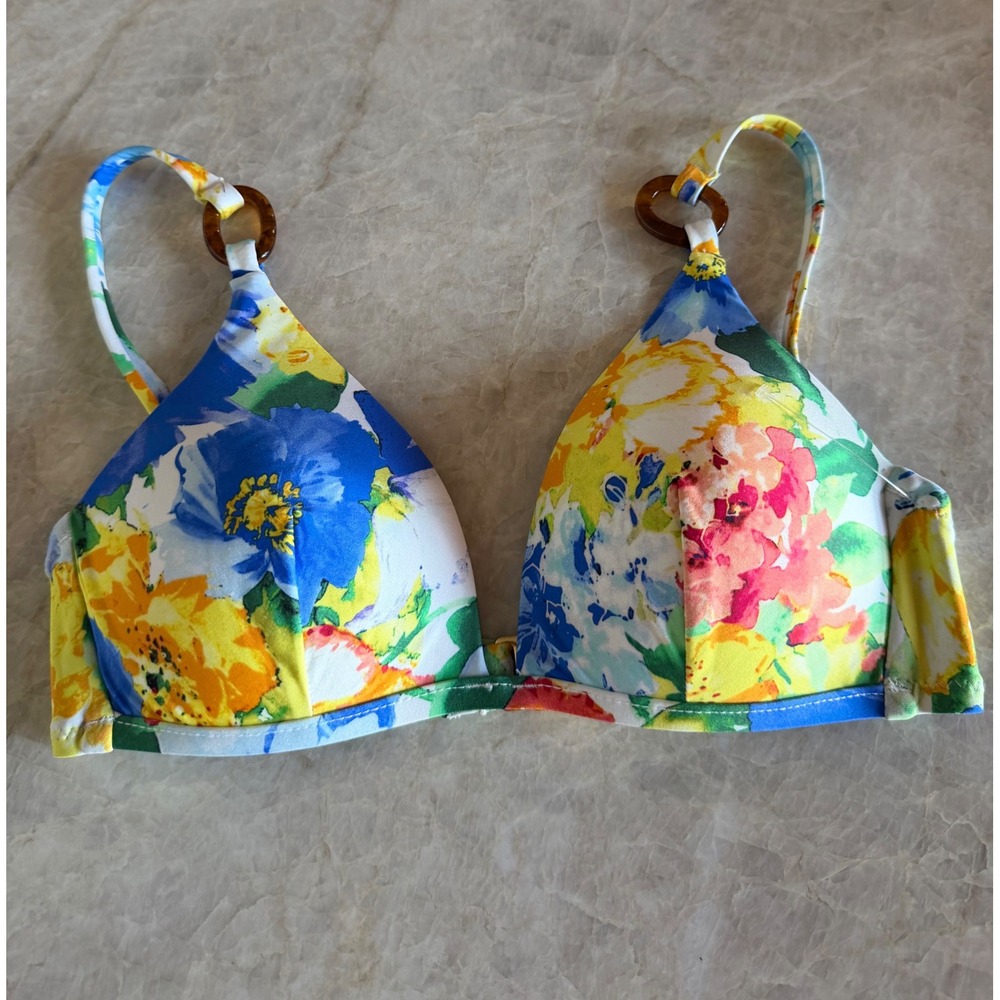 Trina Turk Floral Triangle Bikini Top Blue Yellow Tortoise Ring TT9HC89 Sample